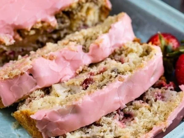 Delicious homemade Strawberry Banana Bread sliced and ready to serve.