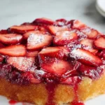 Delicious strawberry upside down cake with fresh strawberries on top