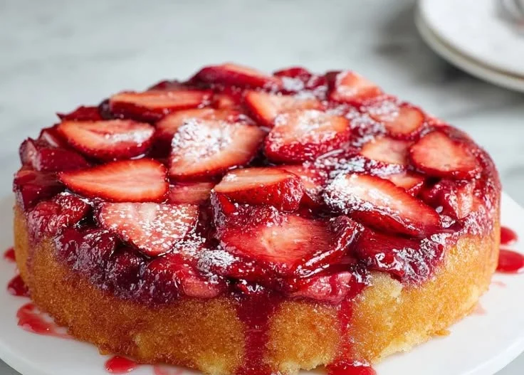 Delicious strawberry upside down cake with fresh strawberries on top
