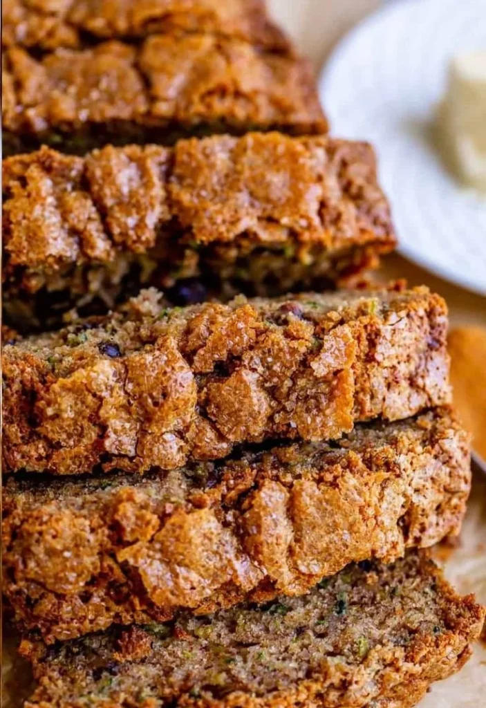 Deliciously moist homemade zucchini bread on a wooden cutting board.
