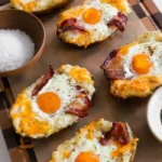Twice baked loaded breakfast potatoes topped with cheese and bacon