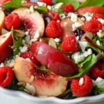 White peach raspberry almond salad in a vibrant bowl, garnished with fresh mint.
