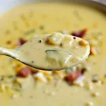 Bowl of creamy Zucchini Corn Chowder with fresh corn and zucchini chunks