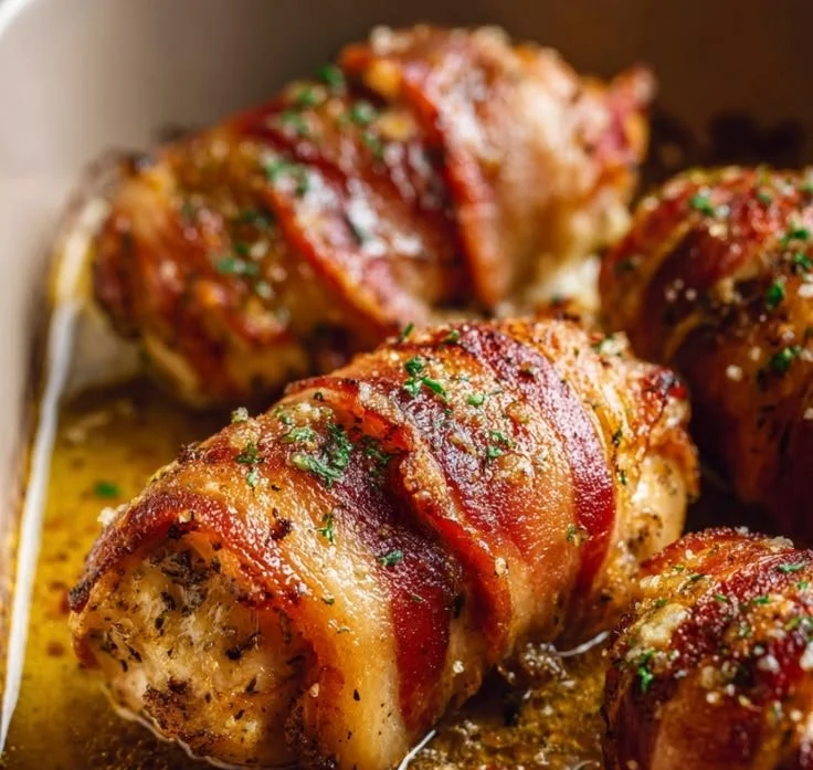 Bacon wrapped garlic parmesan chicken cooked to perfection.