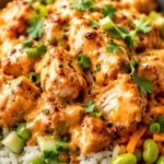 Delicious Bang Bang Chicken Bowl with spicy chicken and fresh vegetables