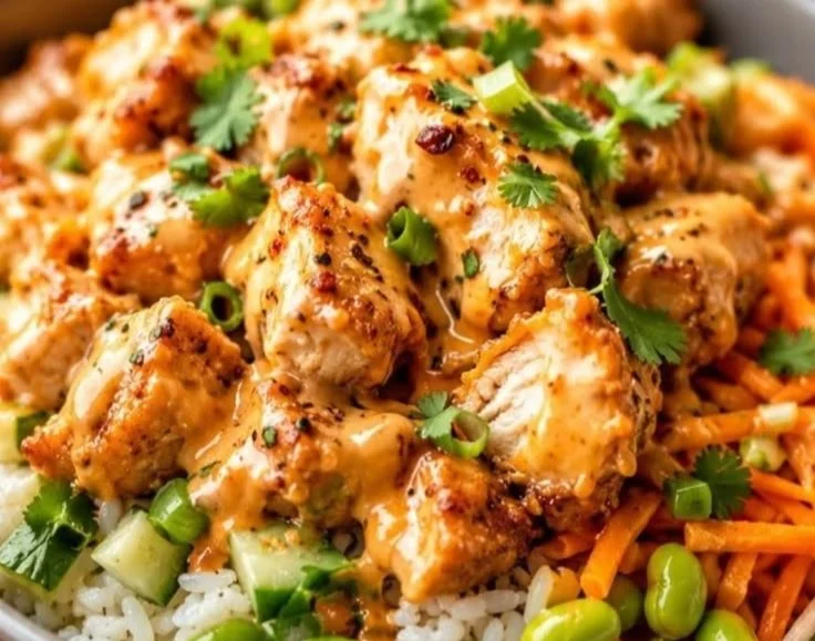 Delicious Bang Bang Chicken Bowl with spicy chicken and fresh vegetables