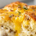 Delicious biscuits and gravy casserole topped with creamy sausage gravy