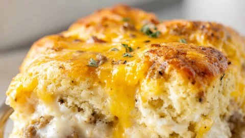 Delicious biscuits and gravy casserole topped with creamy sausage gravy