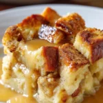 Delicious bread pudding served with a rich vanilla caramel sauce
