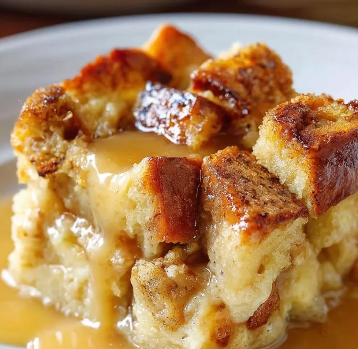 Delicious bread pudding served with a rich vanilla caramel sauce