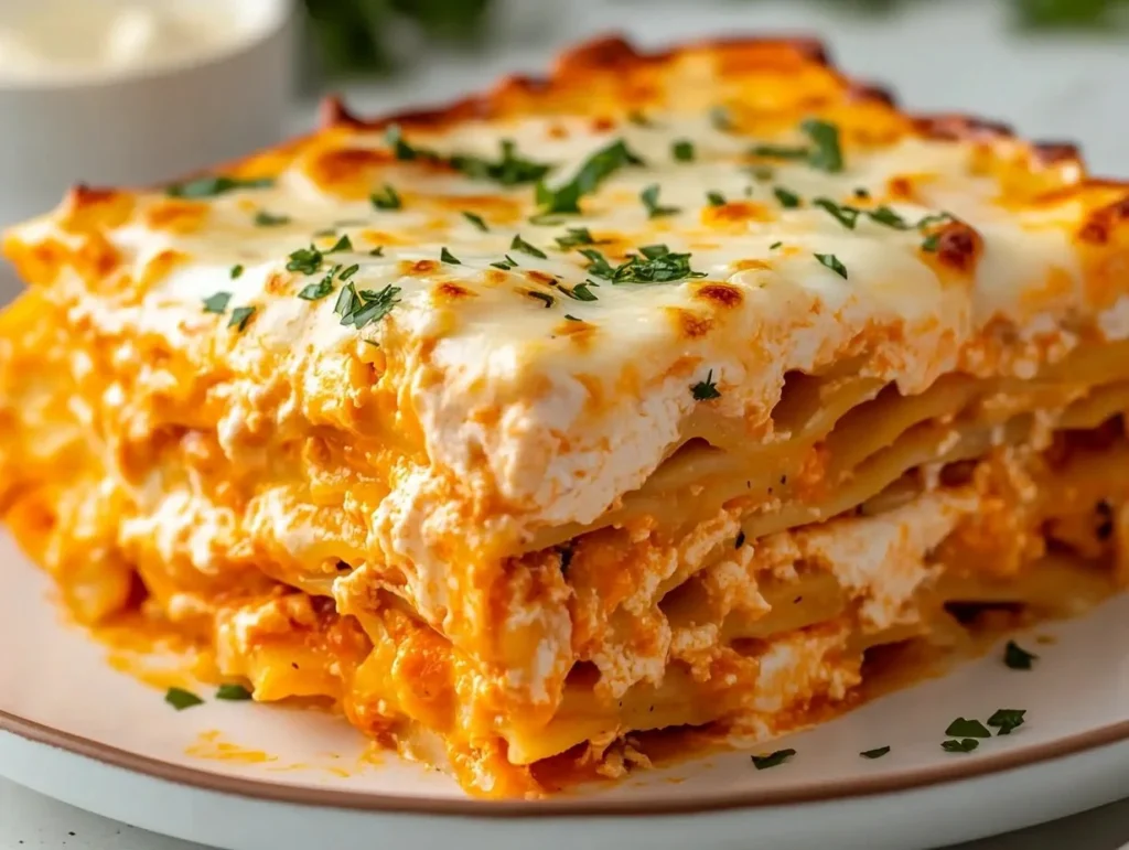 Delicious Buffalo Ranch Chicken Lasagna with cheesy layers and flavorful sauce