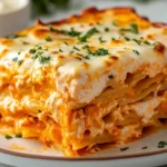 Delicious Buffalo Ranch Chicken Lasagna with cheesy layers and flavorful sauce
