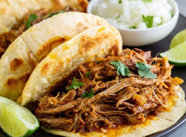 Delicious slow cooker carnitas served on tacos with toppings