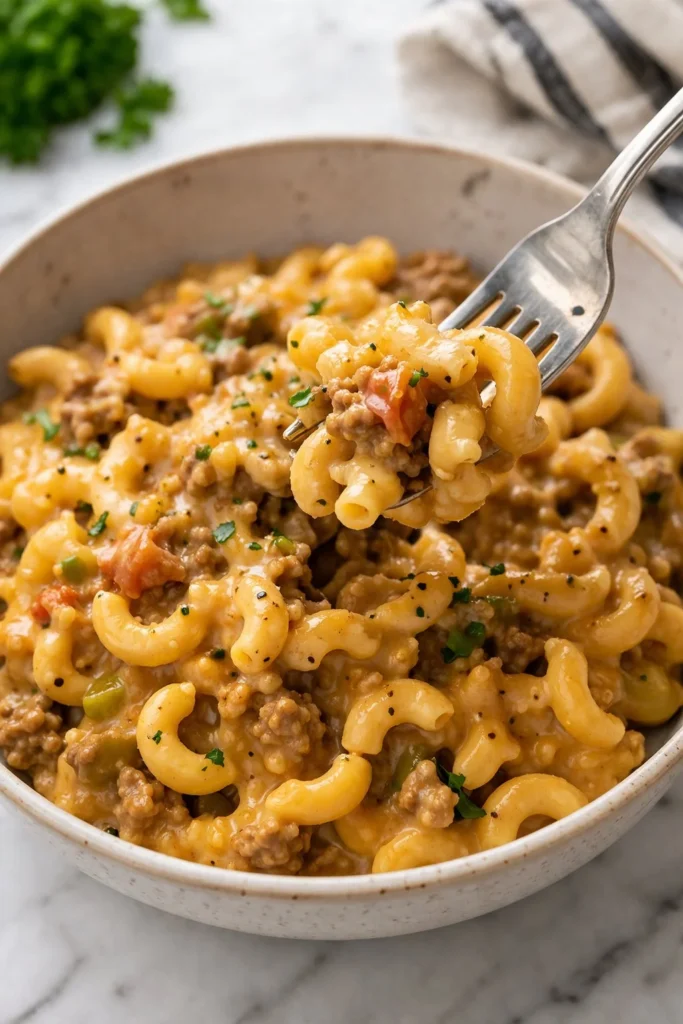 Delicious slow cooker hamburger helper served in a bowl with toppings.