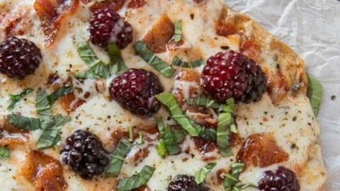 Blackberry Basil Bacon Grilled Pizza recipe on a wooden board