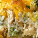 Cheesy broccoli chicken casserole baked with rice and topped with melted cheese.