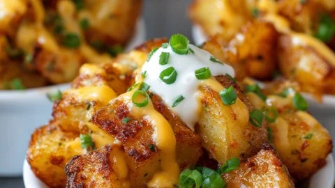 Delicious Cheesy Taco Potatoes served in a bowl with toppings.