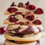 Freshly baked cherry chocolate chip cookies with mocha chips on a cooling rack