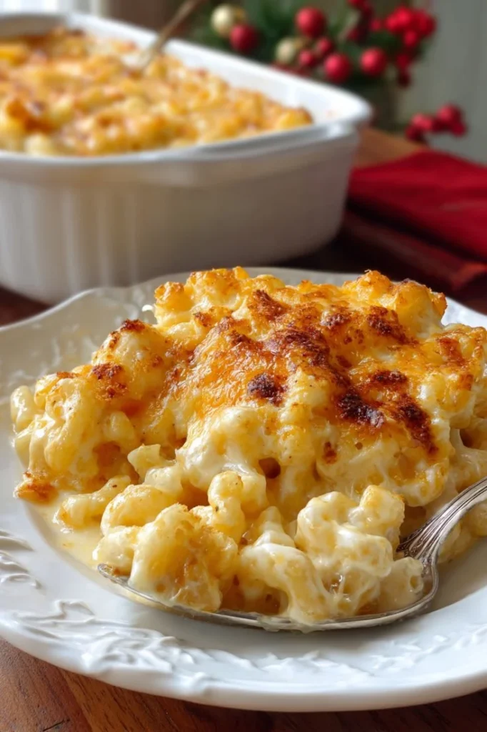 Creamy baked macaroni and cheese topped with golden breadcrumbs