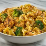 Creamy chicken pasta dish served in a bowl with herbs and cheese garnish.