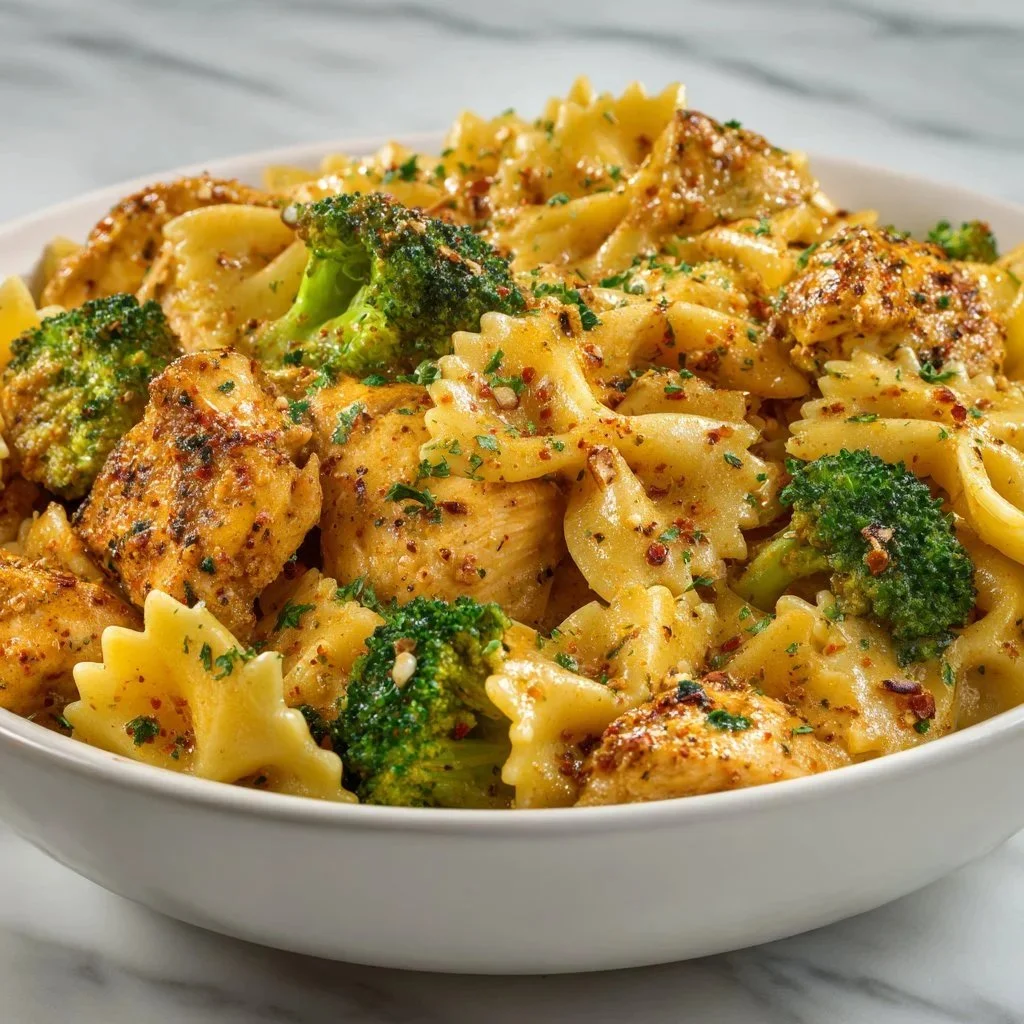 Creamy chicken pasta dish served in a bowl with herbs and cheese garnish.