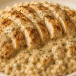 Creamy smothered chicken served with rice on a plate