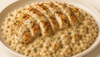 Creamy smothered chicken served with rice on a plate