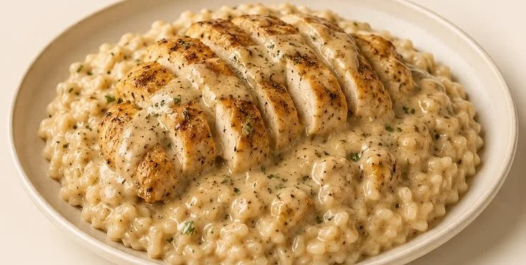 Creamy smothered chicken served with rice on a plate