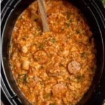 Delicious Crock Pot Jambalaya served in a bowl with shrimp and sausage.