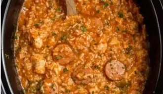 Delicious Crock Pot Jambalaya served in a bowl with shrimp and sausage.