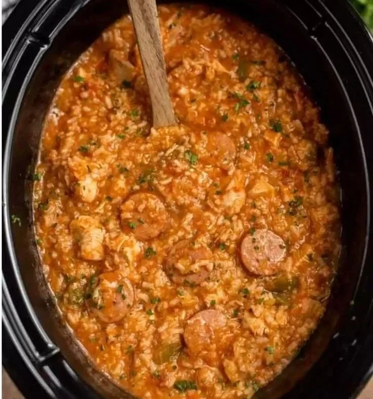 Delicious Crock Pot Jambalaya served in a bowl with shrimp and sausage.