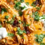 Crockpot chicken enchilada casserole topped with cheese and fresh cilantro