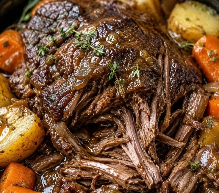Delicious crockpot pot roast with vegetables and herbs in a slow cooker.