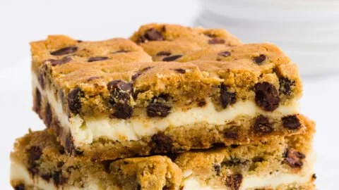 Delicious easy chocolate chip cheesecake bars on a plate