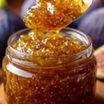 Homemade easy fig jam in a jar with fresh figs on a wooden table
