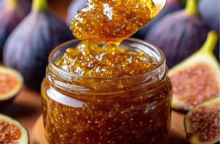 Homemade easy fig jam in a jar with fresh figs on a wooden table