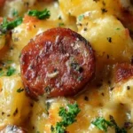 Easy Kielbasa sausage cheesy potato casserole ready to serve