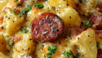 Easy Kielbasa sausage cheesy potato casserole ready to serve
