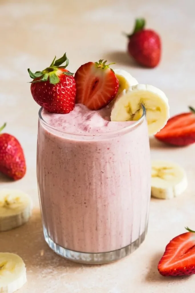 Delicious strawberry banana smoothie with fresh fruits and yogurt