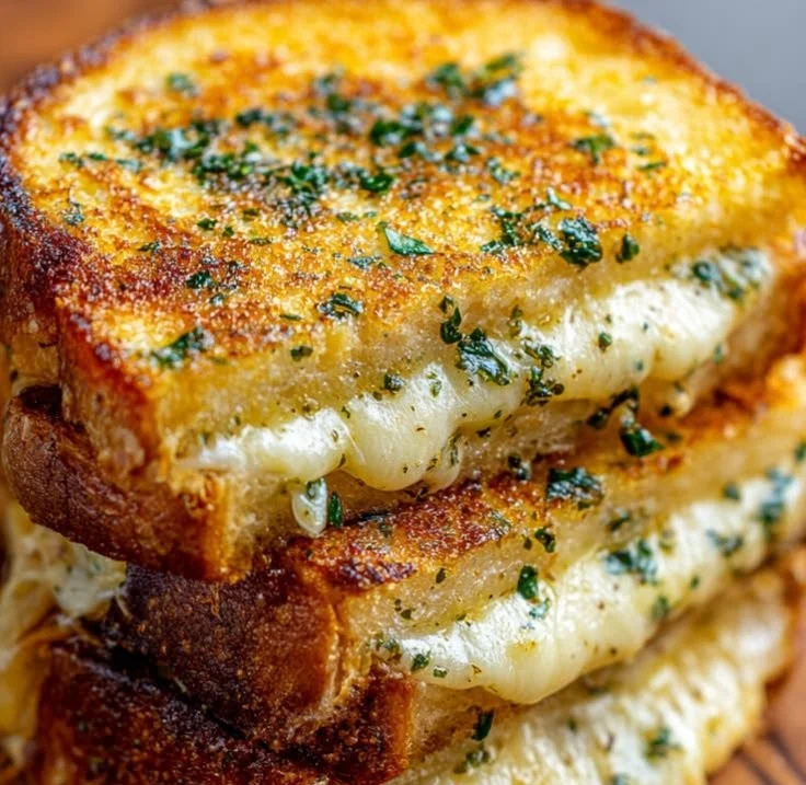 Easy garlic bread grilled cheese sandwich with melted cheese