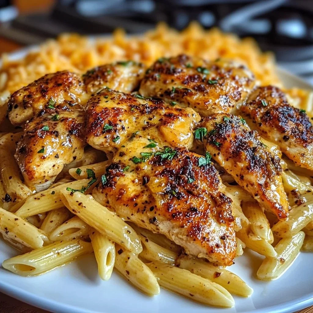 Delicious Garlic Butter Cajun Chicken served over Penne pasta