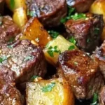 Juicy Garlic Butter Steak served with roasted potatoes on a plate