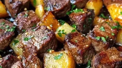 Juicy Garlic Butter Steak served with roasted potatoes on a plate