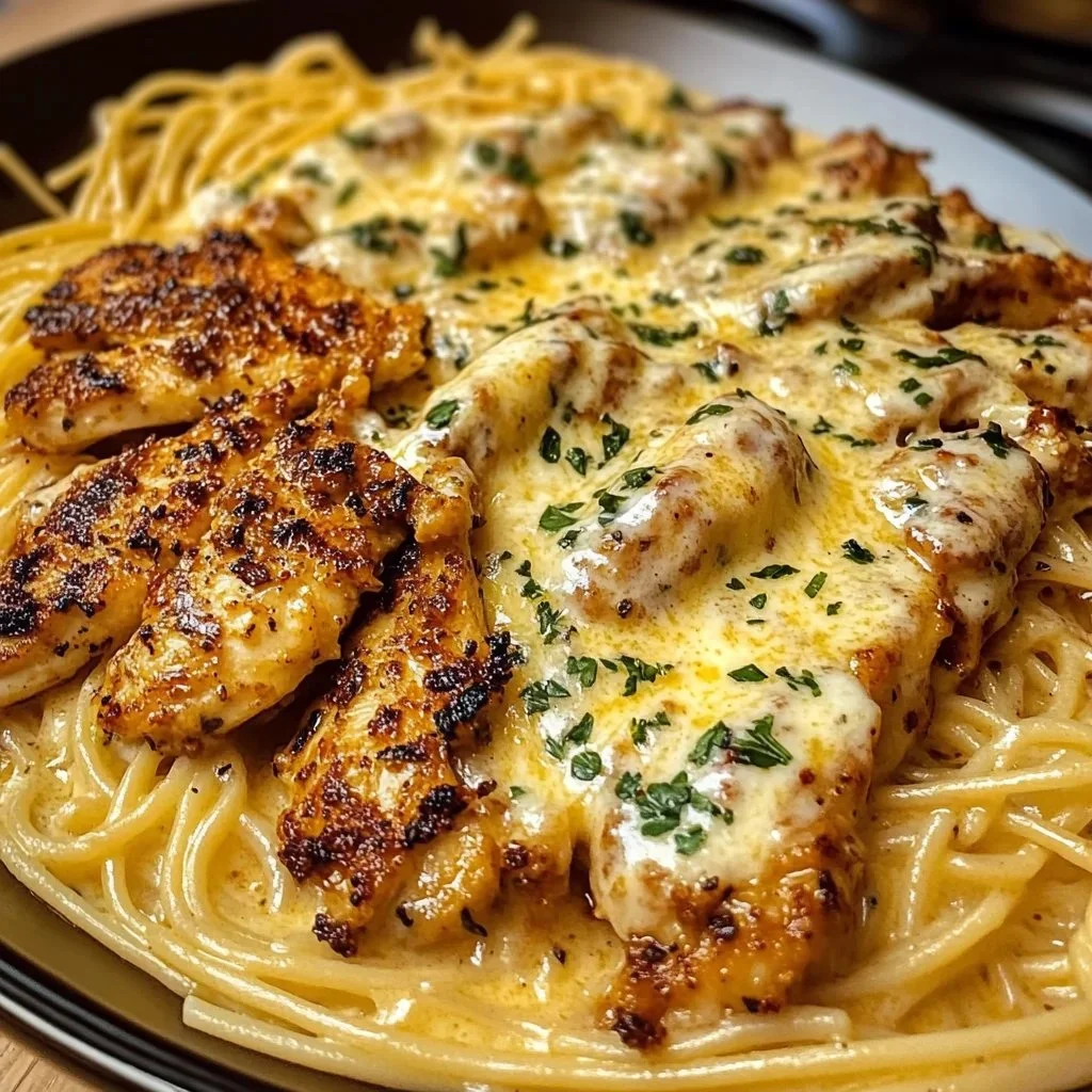 Delicious Garlic Parmesan Chicken served over spaghetti with fresh herbs.