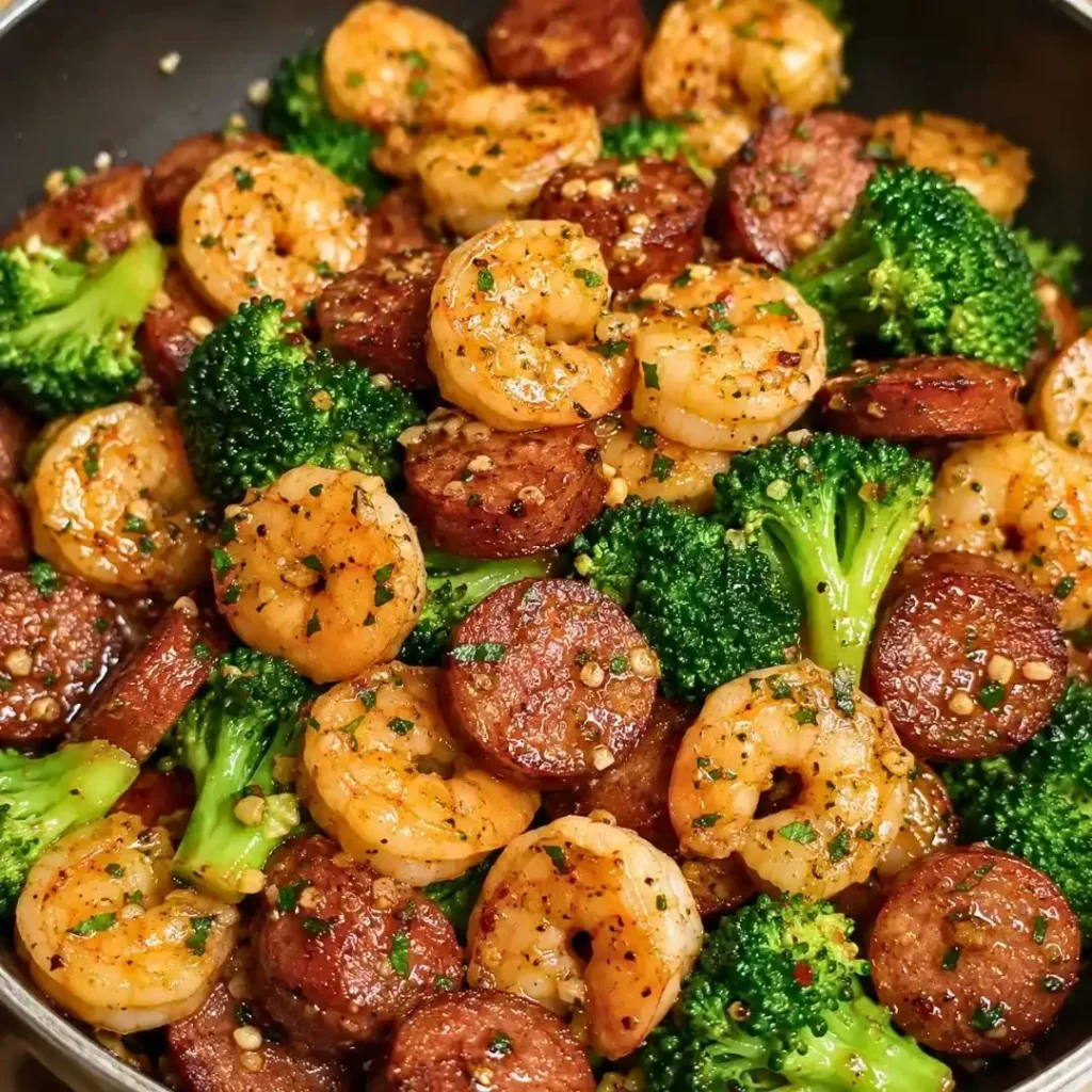 Honey garlic shrimp with chicken sausage and broccoli served on a plate