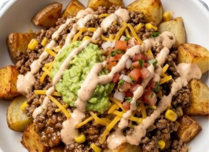 Loaded Potato Taco Bowl with toppings and fresh ingredients