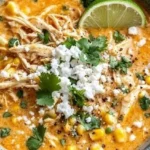 Delicious bowl of Mexican street corn soup topped with cilantro and lime.
