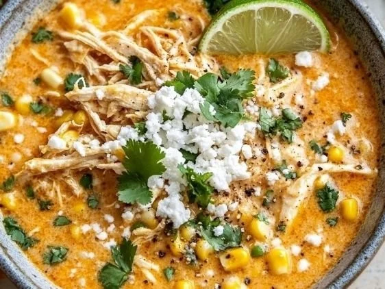 Delicious bowl of Mexican street corn soup topped with cilantro and lime.