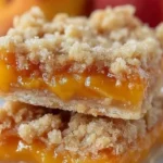 Peach cake topped with brown sugar frosting on a dessert plate.