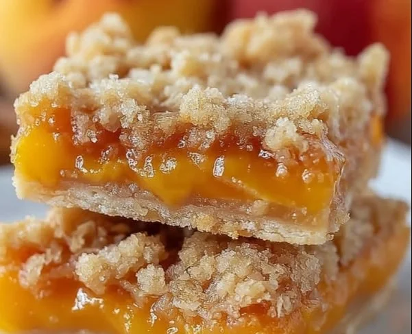 Peach cake topped with brown sugar frosting on a dessert plate.